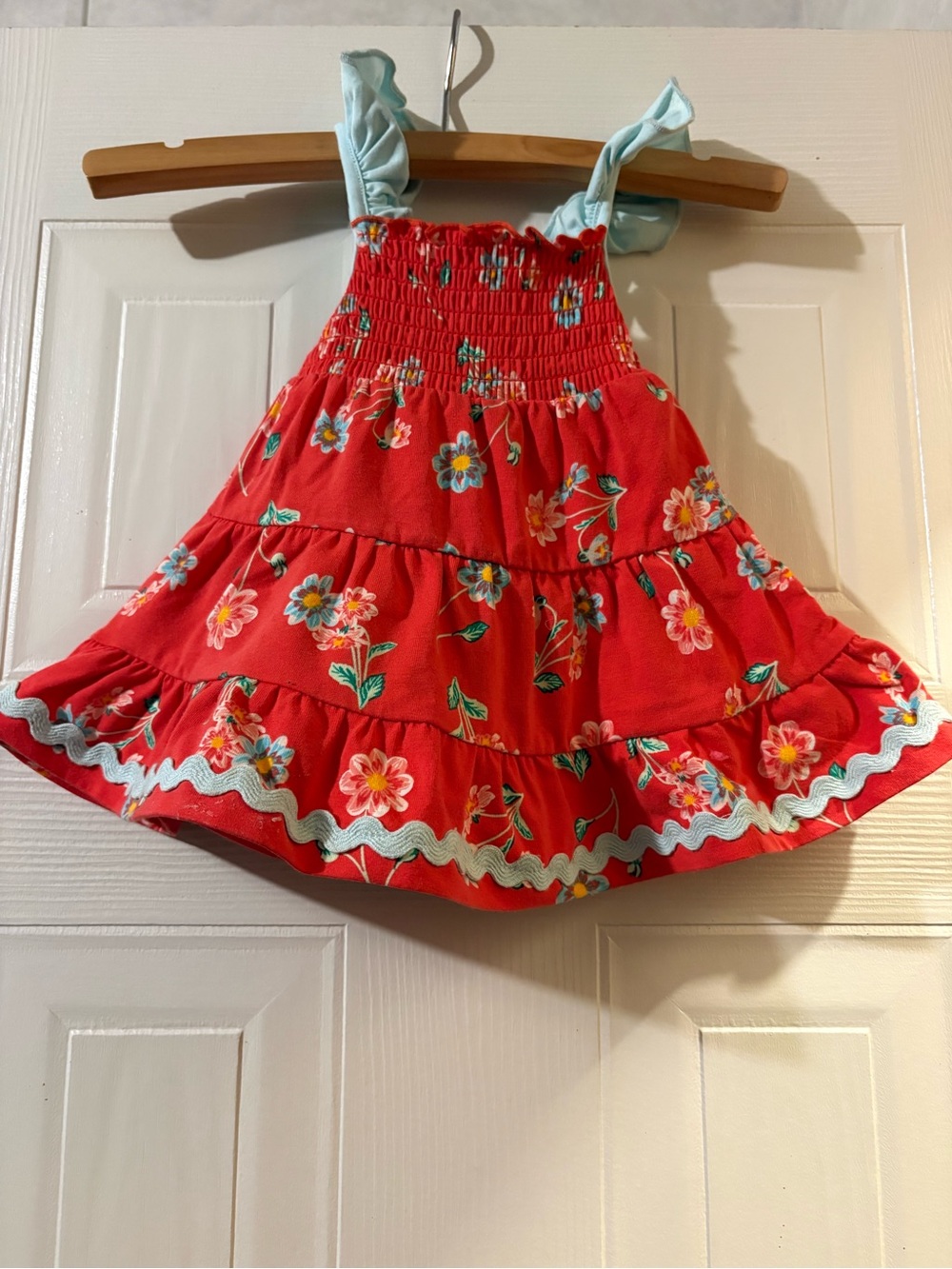 Matilda Jane Red Floral Tiered Sundress with Light Blue Ruffle Straps